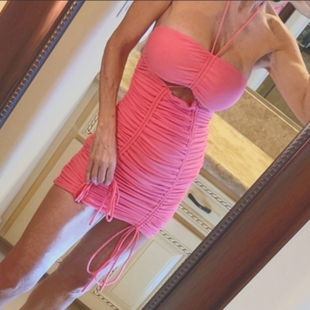 Tiger Mist Ruched Starra Drawstring Halter Dress, XS